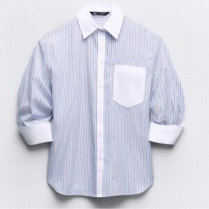 Zara Women's Blue and White Striped Button Down Shirt